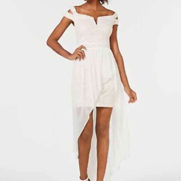 Morgan & Co. Dresses & Skirts - Morgan & company juniors' off-the-shouder asymmetrical gown in ivory/nude sz 13.